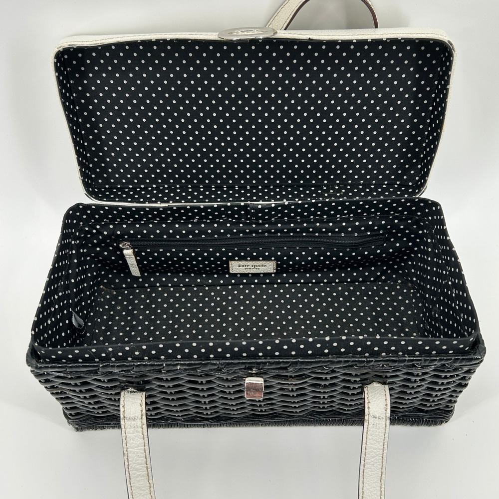 Vintage Kate Spade New York Black Wicker Basket White Leather Bag Polka Dot - Picture 5 of 16